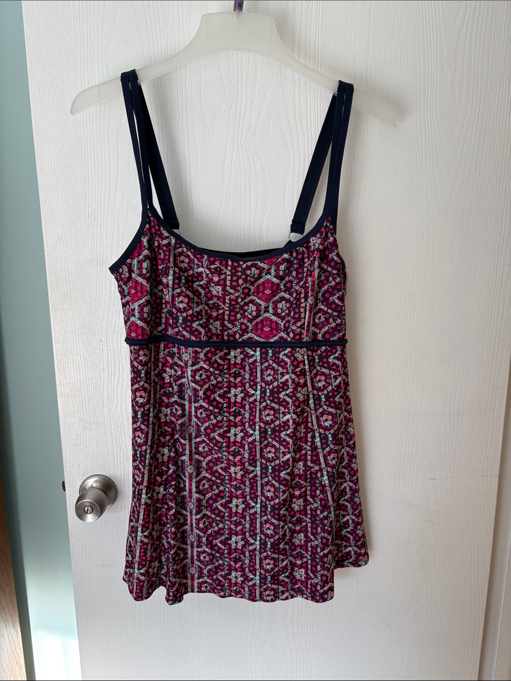 Print-Panel One-Piece Swim Dress in Navy & Pink